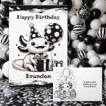 Axolotl Themed Birthday with Colouring Page Card<br><div class="desc">Black and white Axolotl themed kid's birthday party card with a surprise colouring page inside! A cute axolotl in a birthday hat with balloons. Lots of black and white polka dots. Gender-neural! Cute for boys or girls!</div>
