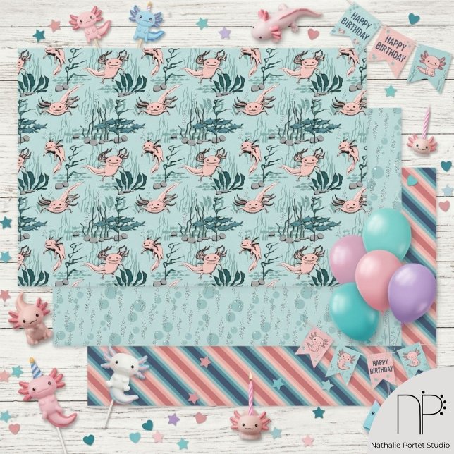 Axolotl Underwater Habitat Wrapping Paper Sheet (Hand drawn axolotl and aquatic pattern wrapping paper for nature themed celebrations and birthdays)