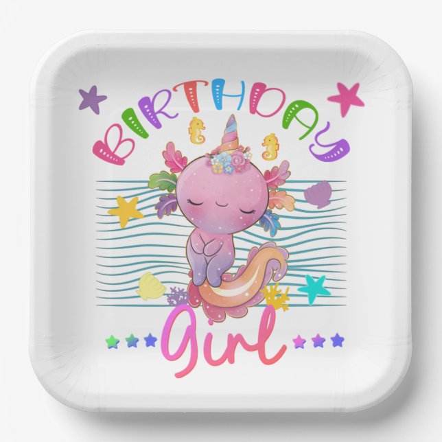 Axolotl Unicorn Birthday Girl Party Theme Colourfu Paper Plate (Front)