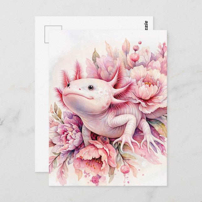 Axolotl Watercolor Pink Floral Postcard (Front/Back)
