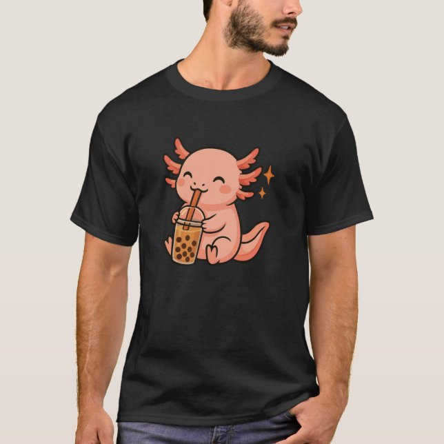 Axolotl with Bubble Tea Kawaii Axolotl T-Shirt (Front)