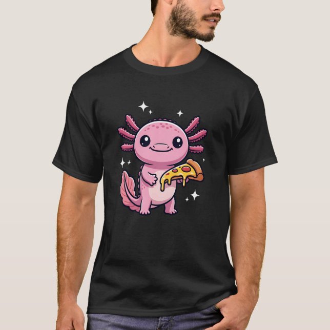 Axolotl with Pizza Kawaii Salamander Cartoon T-Shirt (Front)