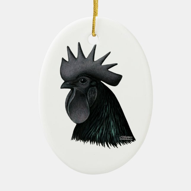 Ayam Cemani Rooster Head Ceramic Tree Decoration (Front)