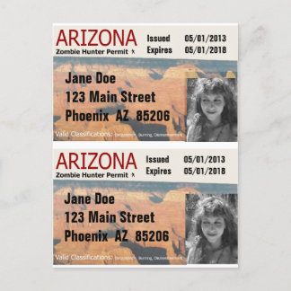 AZ Zombie Hunter Permits - Add Photo & Personalise Postcard