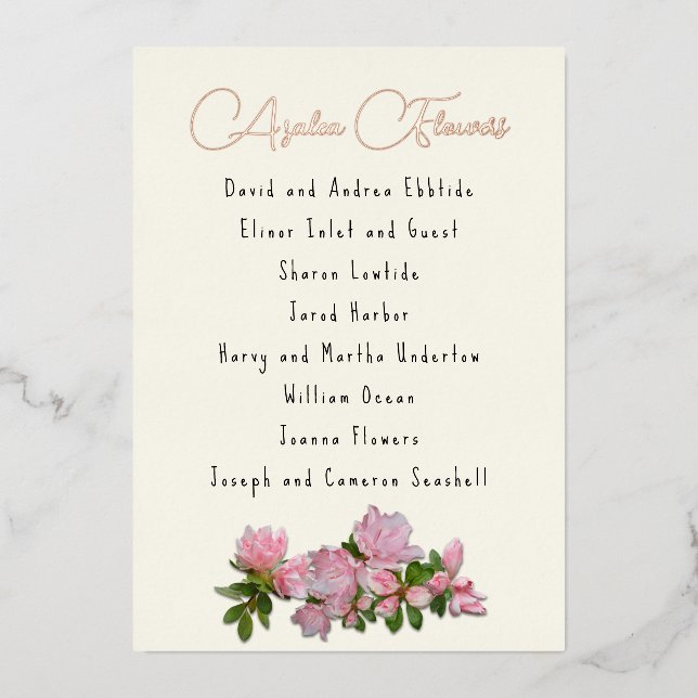 Azalea Flowers Guest List Table Name Foil Cards (Front)