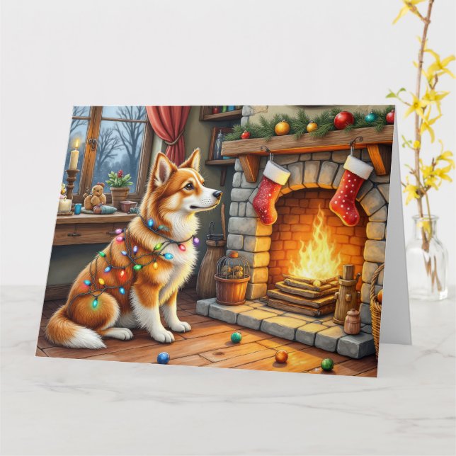 Azawakh Sitting by Fireplace with Christmas Lights Card (Yellow Flower)
