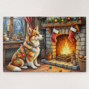 Azawakh Sitting by Fireplace with Christmas Lights Jigsaw Puzzle