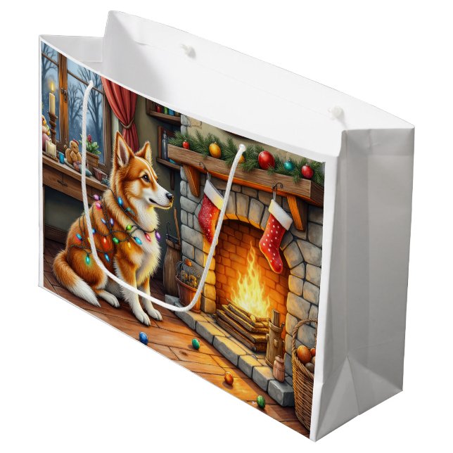 Azawakh Sitting by Fireplace with Christmas Lights Large Gift Bag (Front Angled)