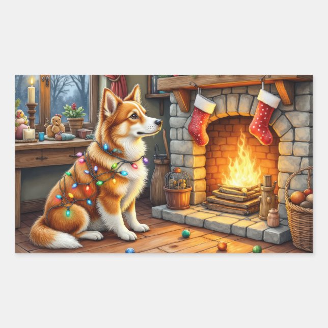 Azawakh Sitting by Fireplace with Christmas Lights Rectangular Sticker (Front)