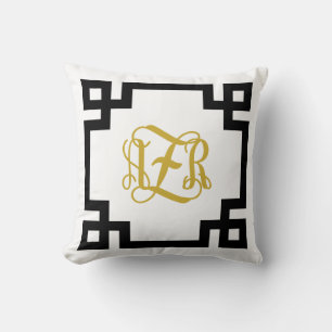 AZR Black and Gold Greek Key Script Monogram Cushion