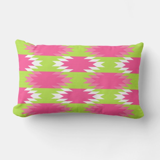 Aztec Andes Tribal Hot Pink Lime Green Pattern Lumbar Cushion (Front)