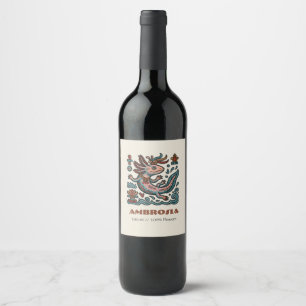 Aztec Axolotl Xolotl eroded stone tribal boho art Wine Label