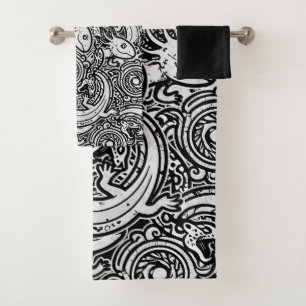 Aztec Axolotl Xolotl Tribal Pattern Black & White Bath Towel Set