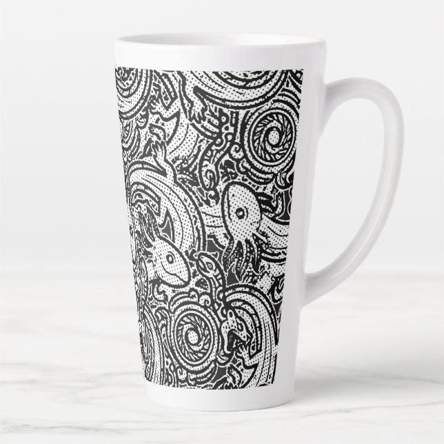 Aztec Axolotl Xolotl Tribal Pattern Black & White Latte Mug (Right)