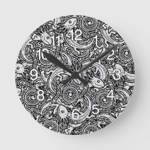 Aztec Axolotl Xolotl Tribal Pattern Black & White Round Clock