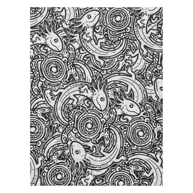 Aztec Axolotl Xolotl Tribal Pattern Black & White Tablecloth (Front)