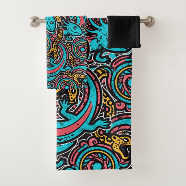 Aztec Axolotl Xolotl Tribal Pattern mythology boho Bath Towel Set (Insitu)