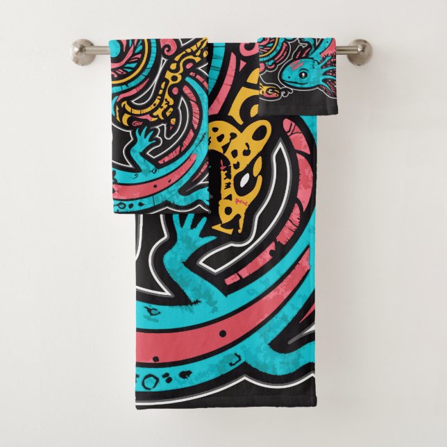 Aztec Axolotl Xolotl Tribal Pattern mythology boho Bath Towel Set (Insitu)