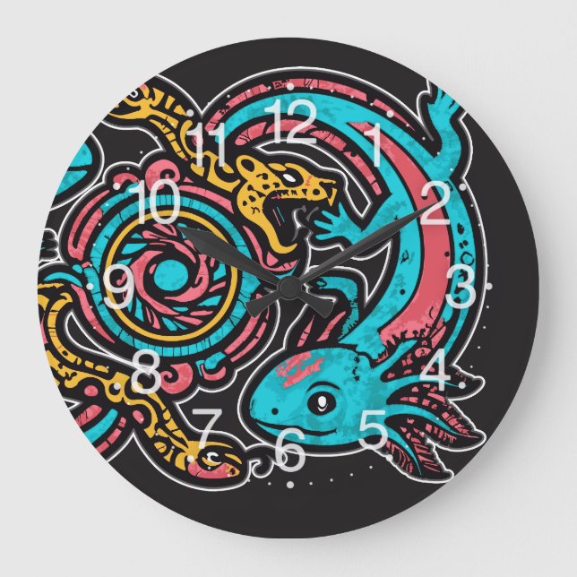 Aztec Axolotl Xolotl Tribal Pattern mythology boho Large Clock (Front)