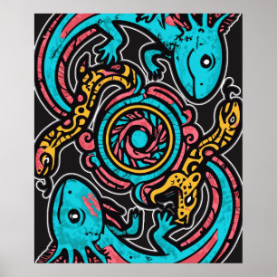Aztec Axolotl Xolotl Tribal Pattern mythology boho Poster