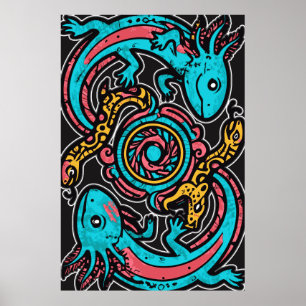 Aztec Axolotl Xolotl Tribal Pattern mythology boho Poster