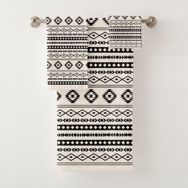 Aztec Black on Cream Mixed Motifs Mix Pattern Bath Towel Set (Insitu)