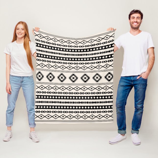 Aztec Black on Cream Mixed Motifs Pattern Fleece Blanket (In Situ)