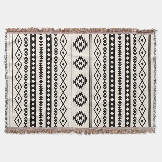 Aztec Black on Cream Mixed Motifs (V) Pattern Throw Blanket (Front)