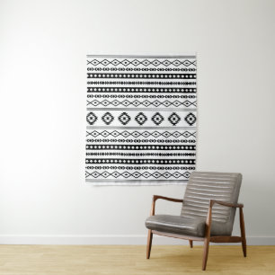 Aztec Black on White Mixed Motifs Pattern Tapestry