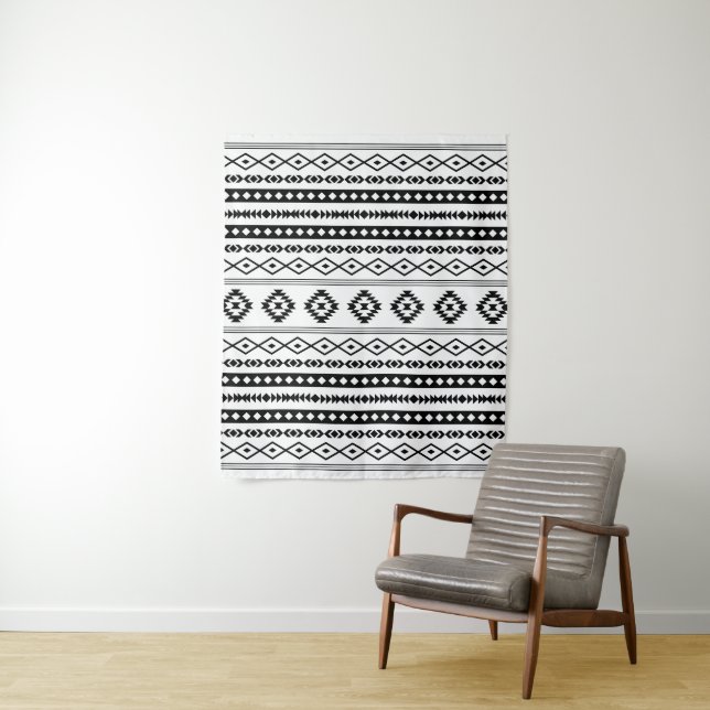 Aztec Black on White Mixed Motifs Pattern Tapestry (In Situ)