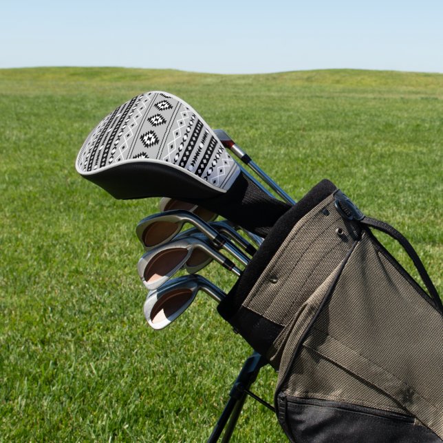Aztec Black White Grey Mixed Motifs Pattern Golf Head Cover (In Situ)