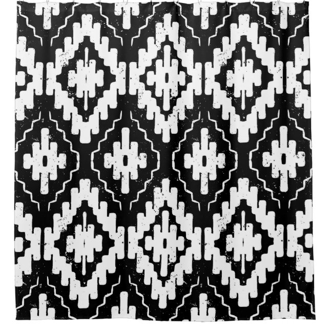 Aztec Black-White: Vintage Ethnic Print. Shower Curtain (Front)