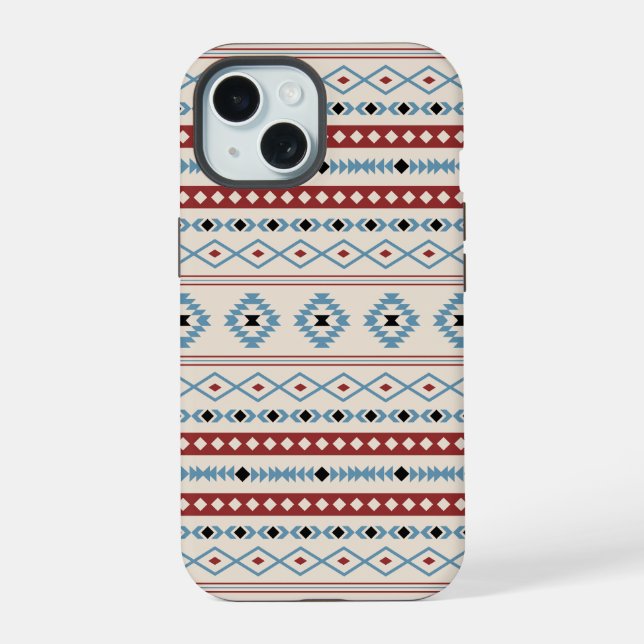 Aztec Blue Red Black Cream Mixed Motifs Pattern iPhone 15 Case (Back)
