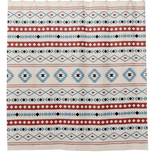 Aztec Blue Red Black Cream Mixed Motifs Pattern Shower Curtain (Front)