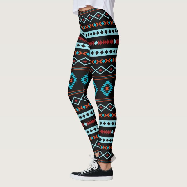 Aztec Blues Reds Black Mixed Motifs Pattern Leggings (Left)