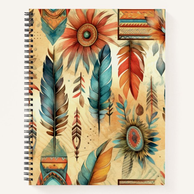 Aztec Boho Tribal Blue Feathers Notebook (Front)