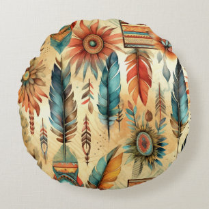 Aztec Boho Tribal Blue Feathers Round Cushion