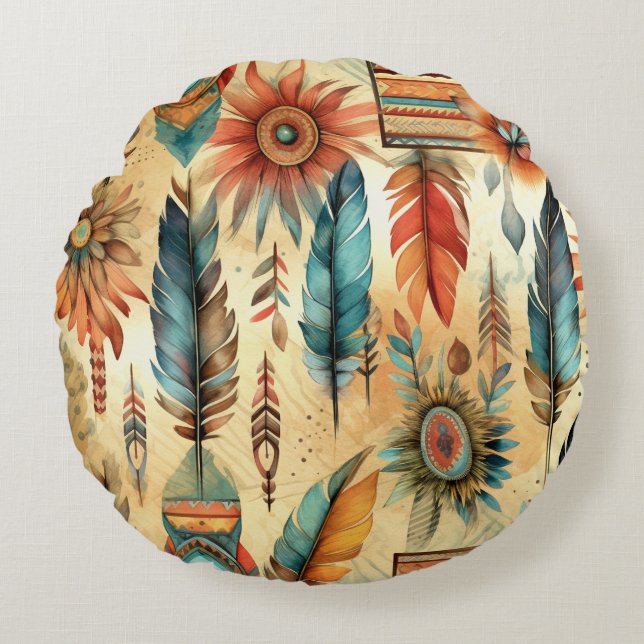Aztec Boho Tribal Blue Feathers Round Cushion (Front)