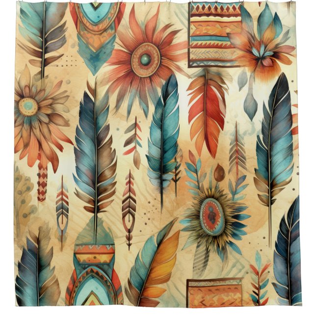 Aztec Boho Tribal Blue Feathers Shower Curtain (Front)