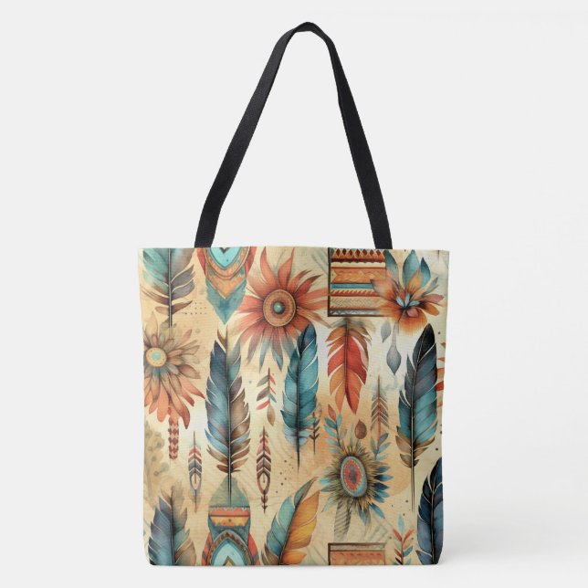 Aztec Boho Tribal Blue Feathers Tote Bag (Front)