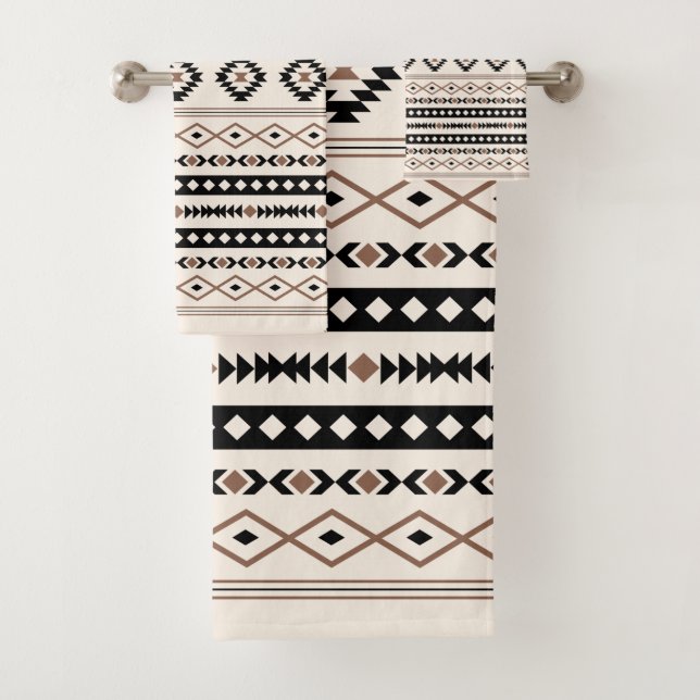 Aztec Brown Black Cream Mixed Motifs Pattern Bath Towel Set (Insitu)