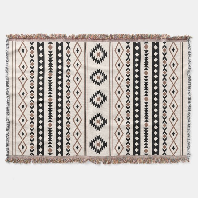 Aztec Brown Black Cream Mixed Motifs Pattern Throw Blanket (Front)