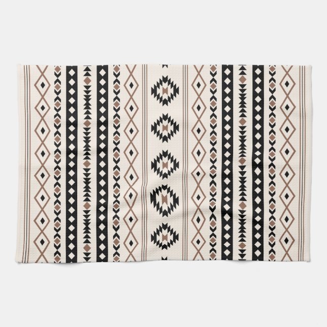 Aztec Brown Black Cream Mixed Motifs V Pattern Tea Towel (Horizontal)