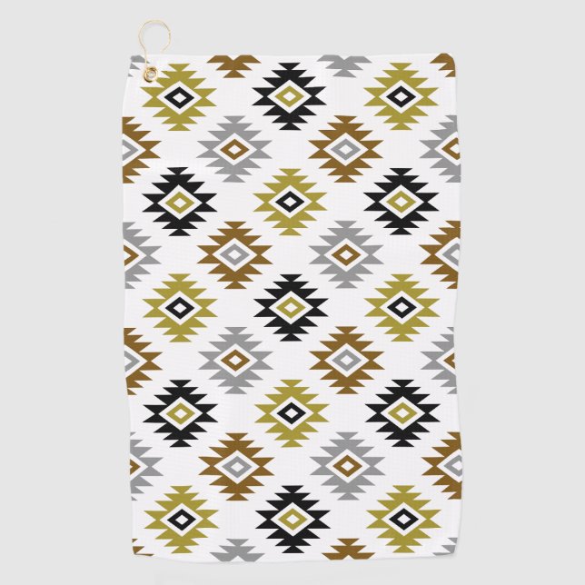 Aztec BW Bronze Grey Gold Symbol on White Pattern Golf Towel (Front)