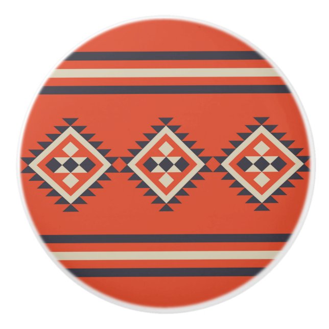 Aztec design in orange, beige and blue colours  ceramic knob (Front)
