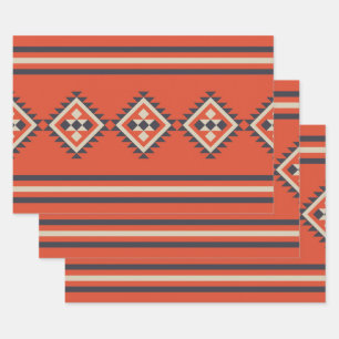 Aztec design in orange, beige and blue colours wrapping paper sheet