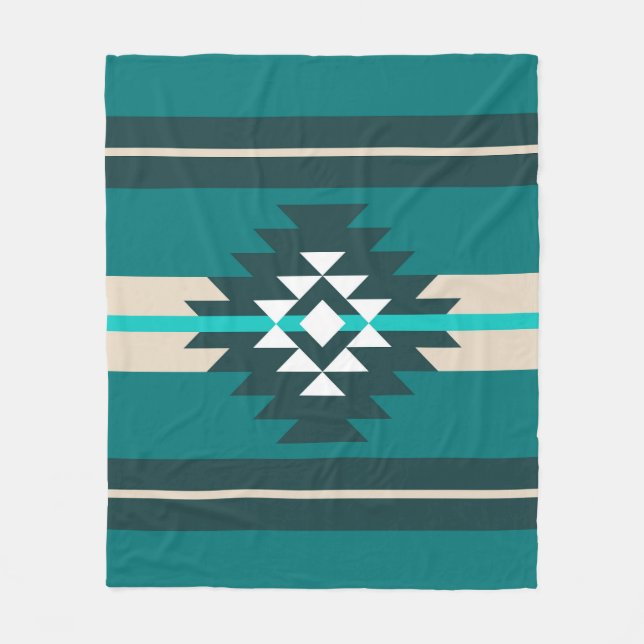 Aztec design in turquoise colour fleece blanket (Front)
