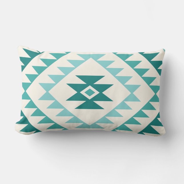 Aztec Diamond Motif Design Teals & Cream Lumbar Cushion (Front)
