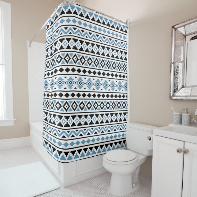 Aztec Essence Pattern II Blue Black White Shower Curtain (In Situ)