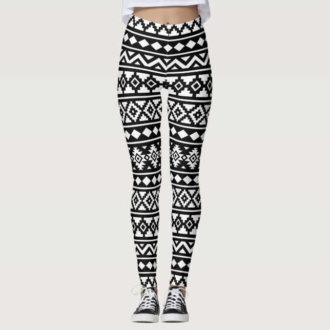 Aztec Essence Pattern II White on Black Leggings (Front)